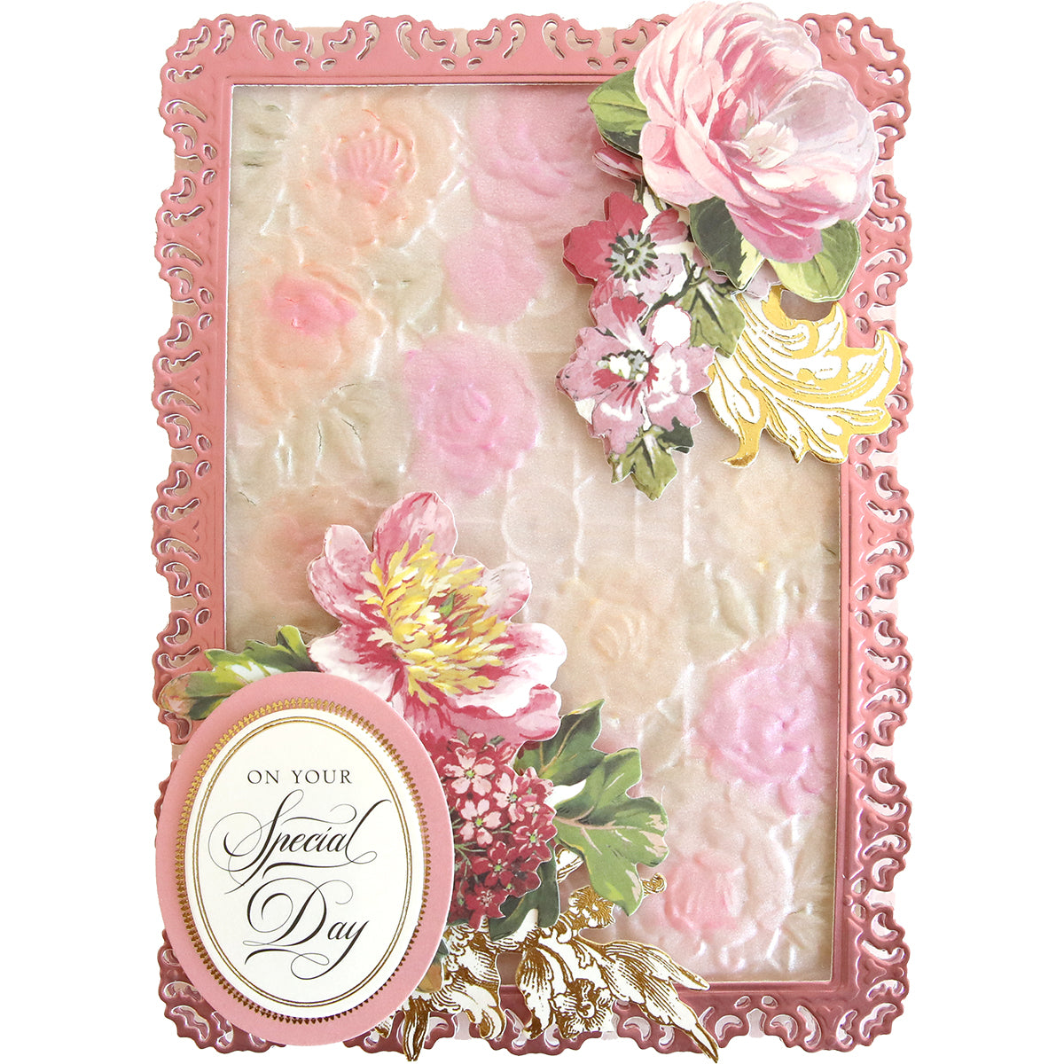 A rectangular card made with Garden Gate and Pavilion 3D Embossing Folders, featuring an embossed floral pattern, paper flowers, and an oval label that reads “On Your Special Day.”