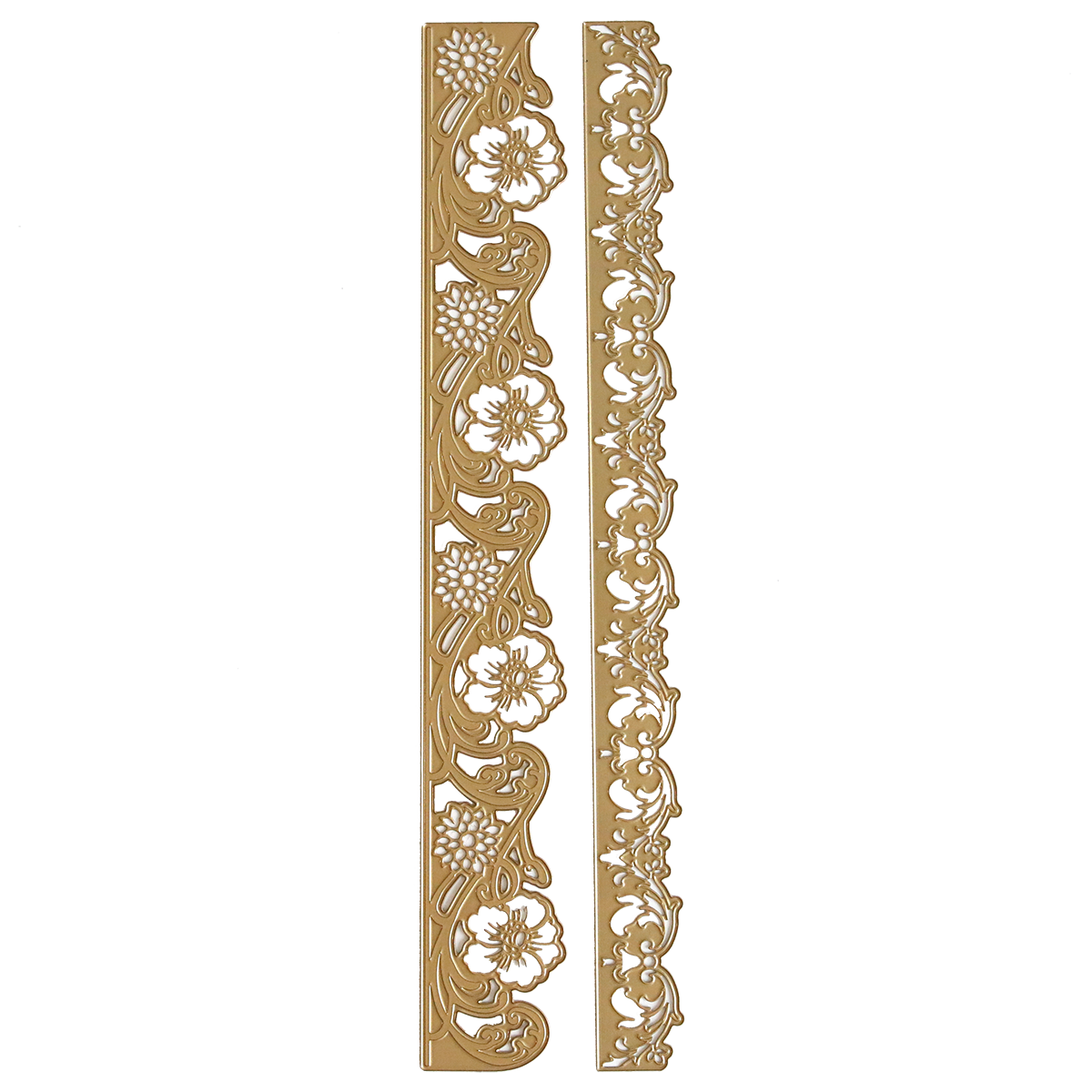 Two vertical, gold floral-patterned decorative borders with intricate cutouts on white—a stylish accent for cards or scrapbooks using Floral 3D 12" Border Dies.