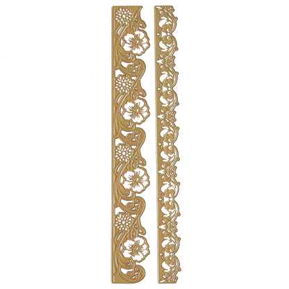 Two vertical, gold floral-patterned decorative borders with intricate cutouts on white—a stylish accent for cards or scrapbooks using Floral 3D 12" Border Dies.