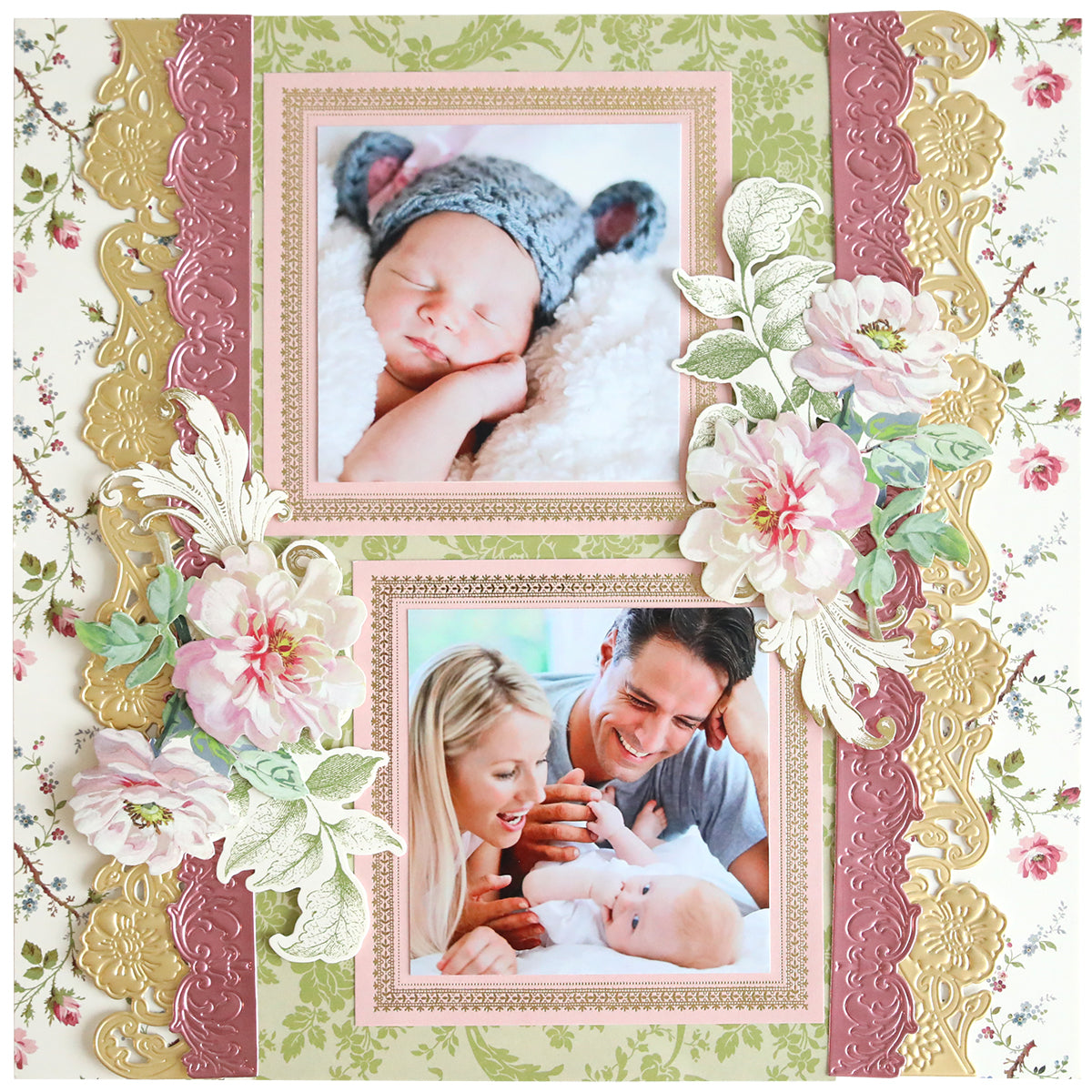 A decorative scrapbook page with two photos—a sleeping baby and a smiling couple—features elegant, textured floral embellishments made with the Floral 3D 12" Border Dies.