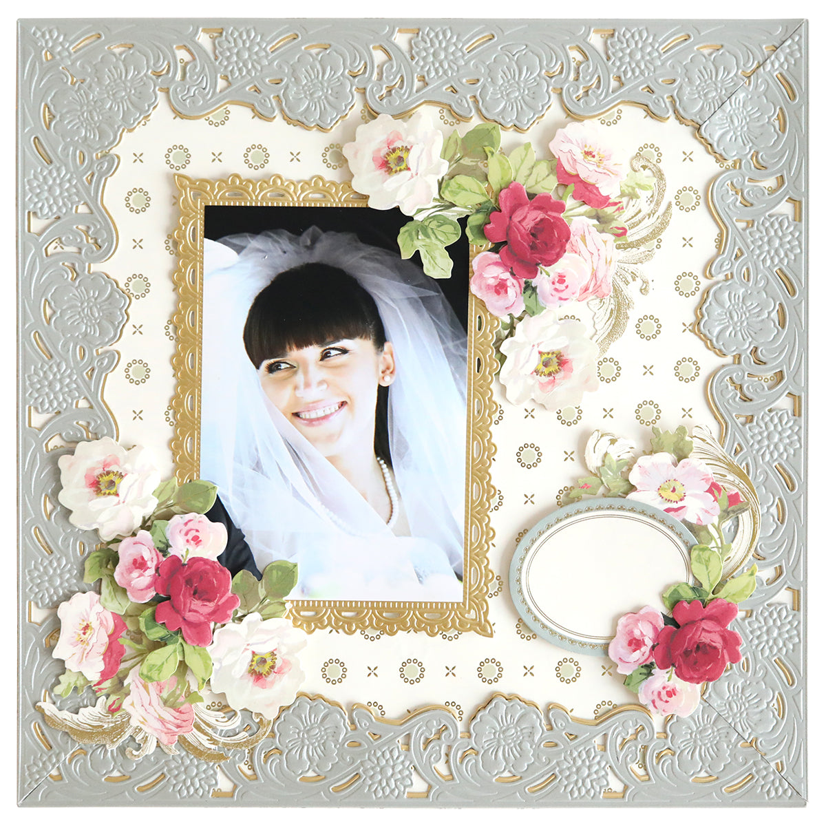 Showcase your memories with the Floral 3D 12" Border Dies—featuring ornate silver and gold patterns, pink and white flowers, and a smiling bride. Perfect for inspiration in card making or decorative photo frame projects.