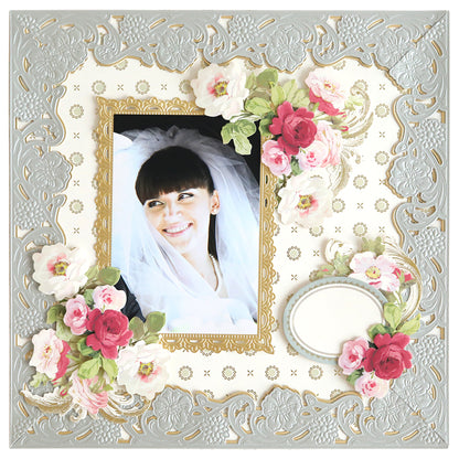 Showcase your memories with the Floral 3D 12" Border Dies—featuring ornate silver and gold patterns, pink and white flowers, and a smiling bride. Perfect for inspiration in card making or decorative photo frame projects.