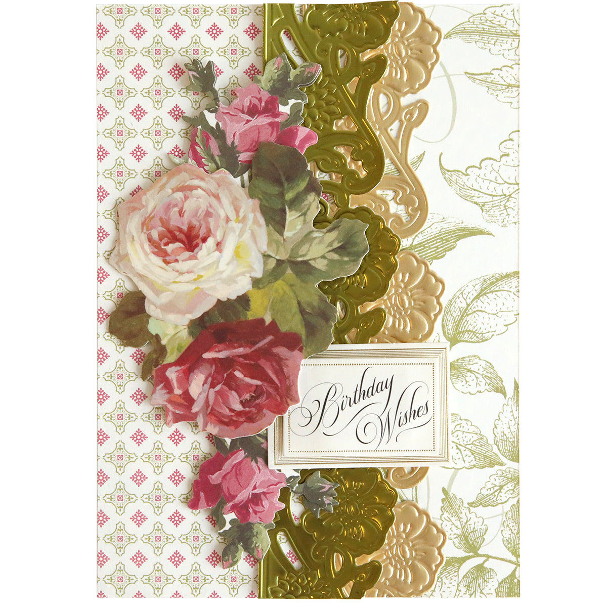 A decorative birthday card featuring pink and red roses, gold embossed florals, and a "Birthday Wishes" label, elegantly accented with intricate designs made using the Floral 3D 12" Border Dies.