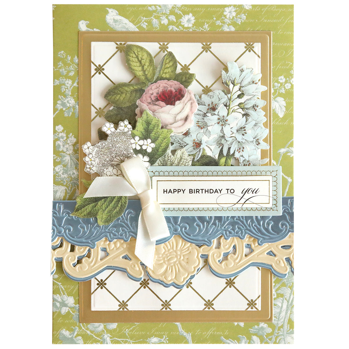 This decorative birthday card features floral illustrations, a white ribbon, and an ornate border crafted with the Floral 3D 12" Border Dies. "Happy Birthday to you" is elegantly scripted on the front.
