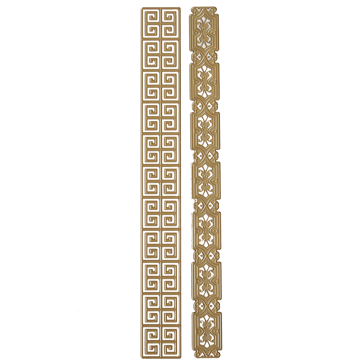 Two vertical gold decorative strips with geometric and ornate patterns displayed on white, perfect for paper projects. Add sophisticated dimensional borders using Geometric 3D 12" Border Dies.