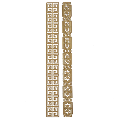 Two vertical gold decorative strips with geometric and ornate patterns displayed on white, perfect for paper projects. Add sophisticated dimensional borders using Geometric 3D 12" Border Dies.