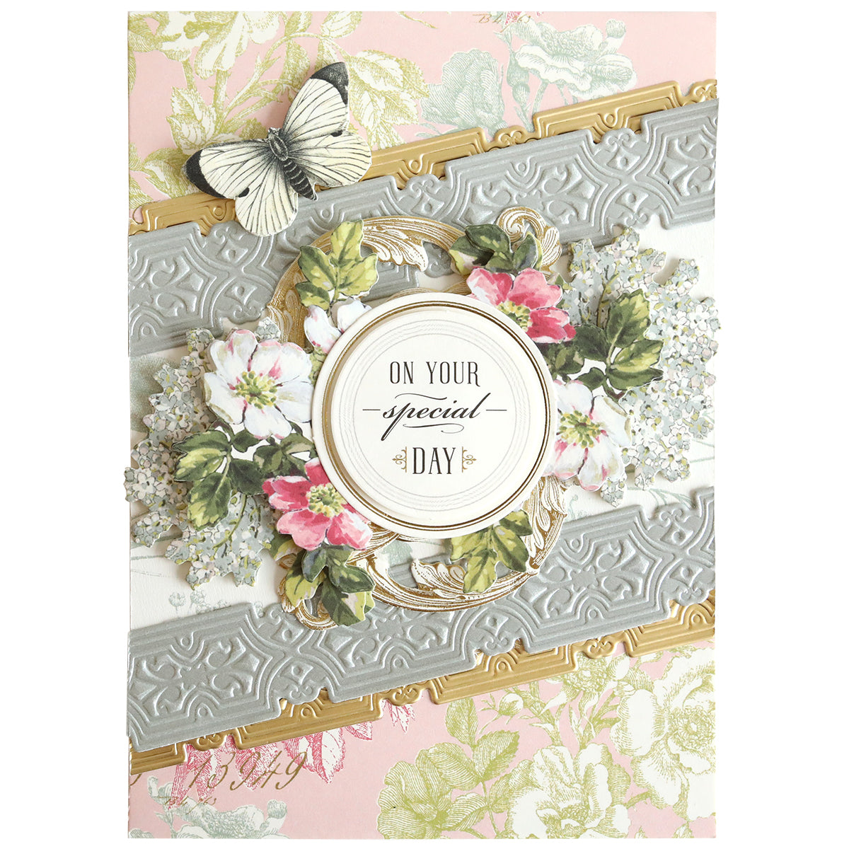 Greeting card with embossed gray and gold patterns, dimensional borders, floral accents, a butterfly, and "On Your Special Day" text. Perfect for creative paper crafts using Geometric 3D 12" Border Dies.