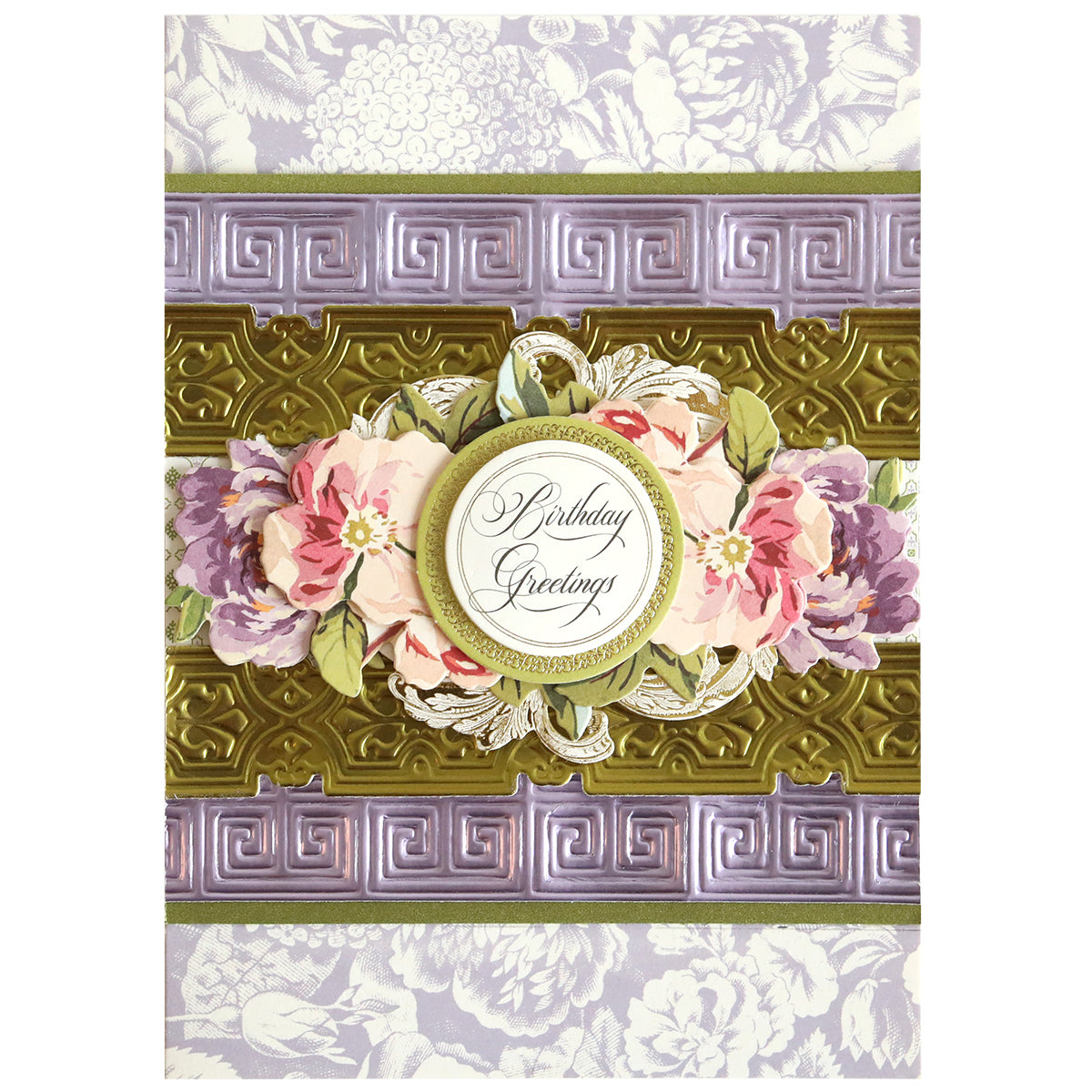 Greeting card with "Birthday Greetings" text, pink and purple flowers, gold accents, and elegant dimensional borders crafted with Geometric 3D 12" Border Dies on a lilac and white floral background.