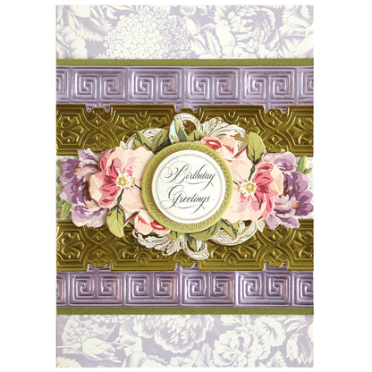 Greeting card with "Birthday Greetings" text, pink and purple flowers, gold accents, and elegant dimensional borders crafted with Geometric 3D 12" Border Dies on a lilac and white floral background.