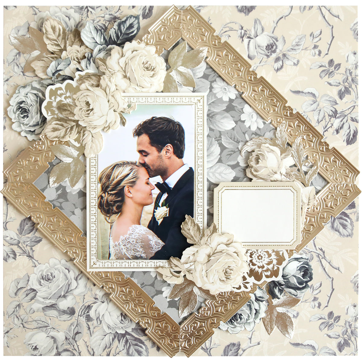 A wedding photo of a couple embracing is framed with Geometric 3D 12" Border Dies and white and gold floral accents, adding dimensional elegance to patterned paper for stunning paper crafting projects.