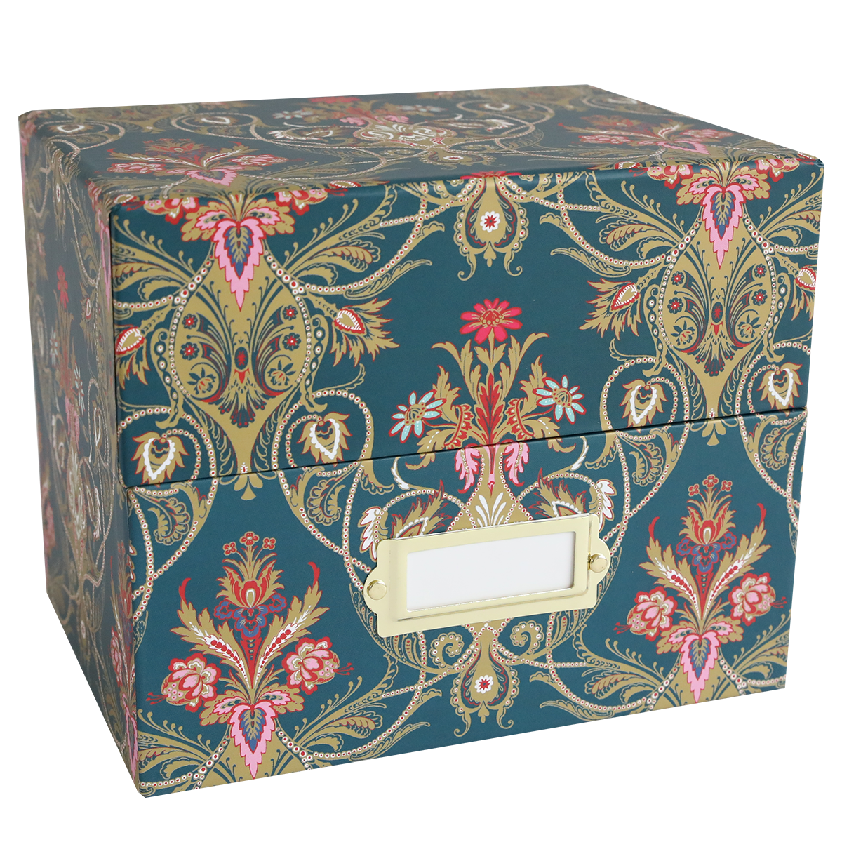 The Jasmine Large Die Storage Box Set of 2 features a green, gold, and pink floral paisley design with a metal label holder—ideal for organizing magnetic sheets and oversized dies in style.
