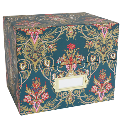 The Jasmine Large Die Storage Box Set of 2 features a green, gold, and pink floral paisley design with a metal label holder—ideal for organizing magnetic sheets and oversized dies in style.