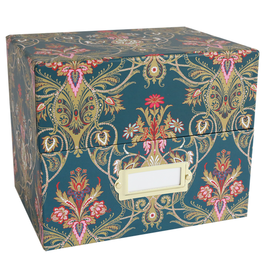 The Jasmine Large Die Storage Box Set of 2 features a green, gold, and pink floral paisley design with a metal label holder—ideal for organizing magnetic sheets and oversized dies in style.
