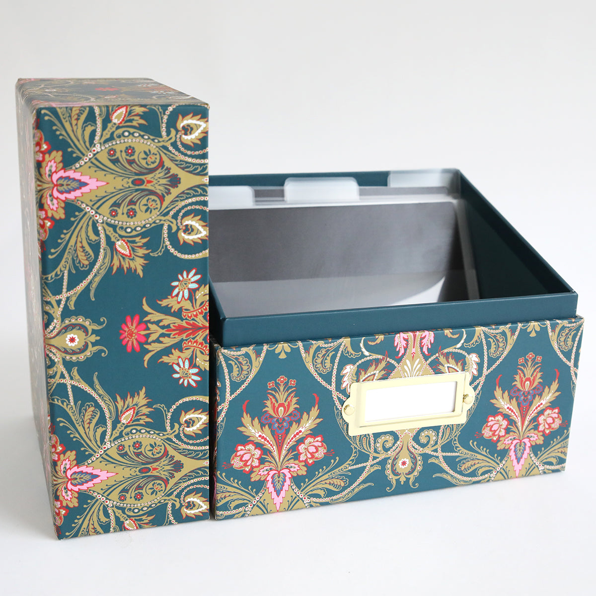 The Jasmine Large Die Storage Box Set of 2 features a floral design, includes file folders inside for organizing oversized dies, and has a blank front label for easy identification.