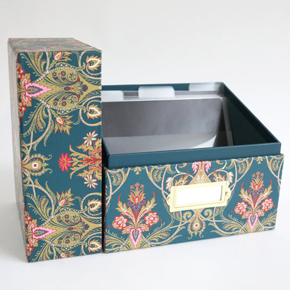 The Jasmine Large Die Storage Box Set of 2 features a floral design, includes file folders inside for organizing oversized dies, and has a blank front label for easy identification.