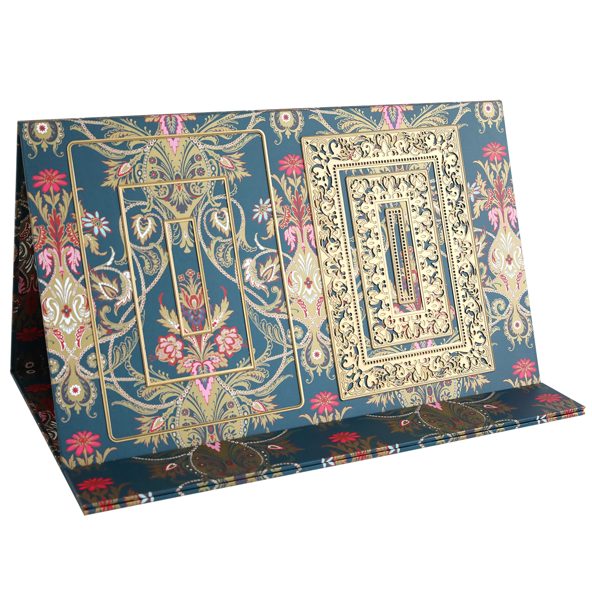 The Jasmine Magnetic Die Stand card features a gold and blue design, ideal for display on your stand or to add elegance to your craft room.