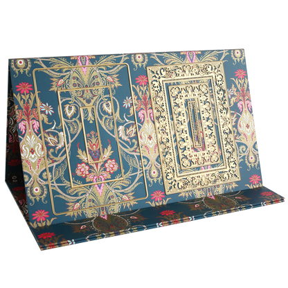 The Jasmine Magnetic Die Stand card features a gold and blue design, ideal for display on your stand or to add elegance to your craft room.