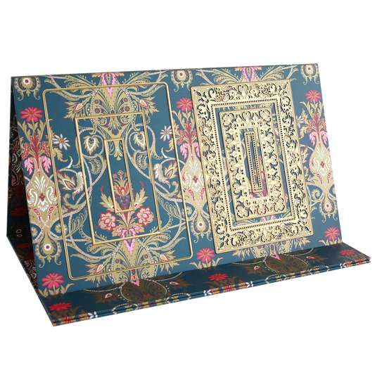 The Jasmine Magnetic Die Stand card features a gold and blue design, ideal for display on your stand or to add elegance to your craft room.