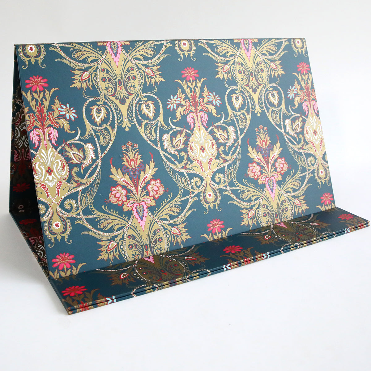 The Jasmine Magnetic Die Stand features an ornate gold, pink, and red floral paisley pattern on dark blue—ideal for adding elegance to your craft room or serving as a stylish and practical magnetic die organizer.