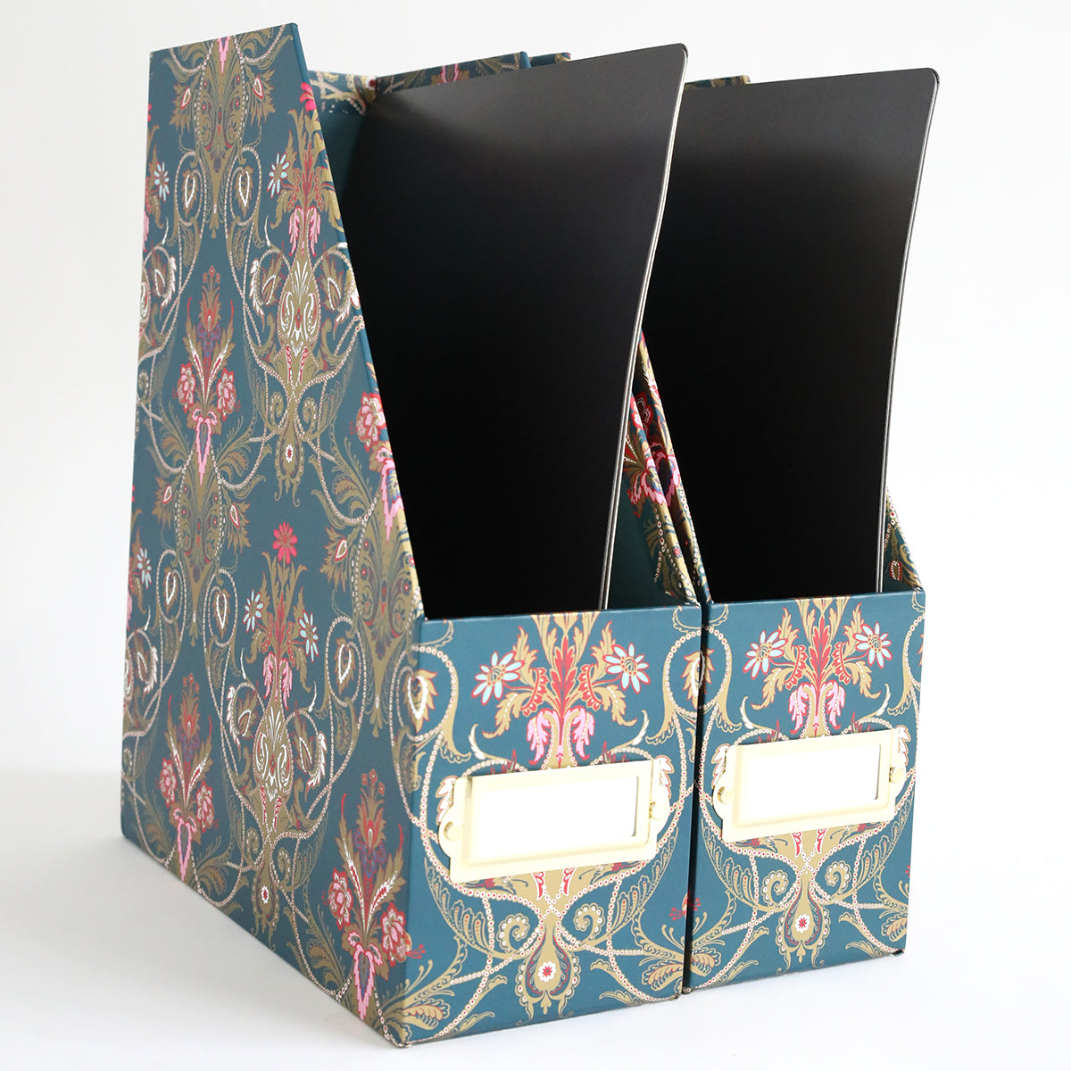 The Jasmine Die Storage Box set includes two floral magazine file holders with blank labels, offering stylish die organization and keeping your craft space tidy.