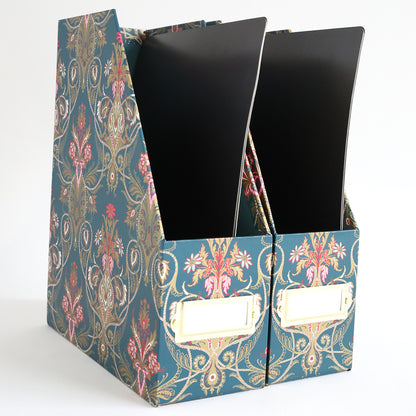 The Jasmine Die Storage Box set includes two floral magazine file holders with blank labels, offering stylish die organization and keeping your craft space tidy.