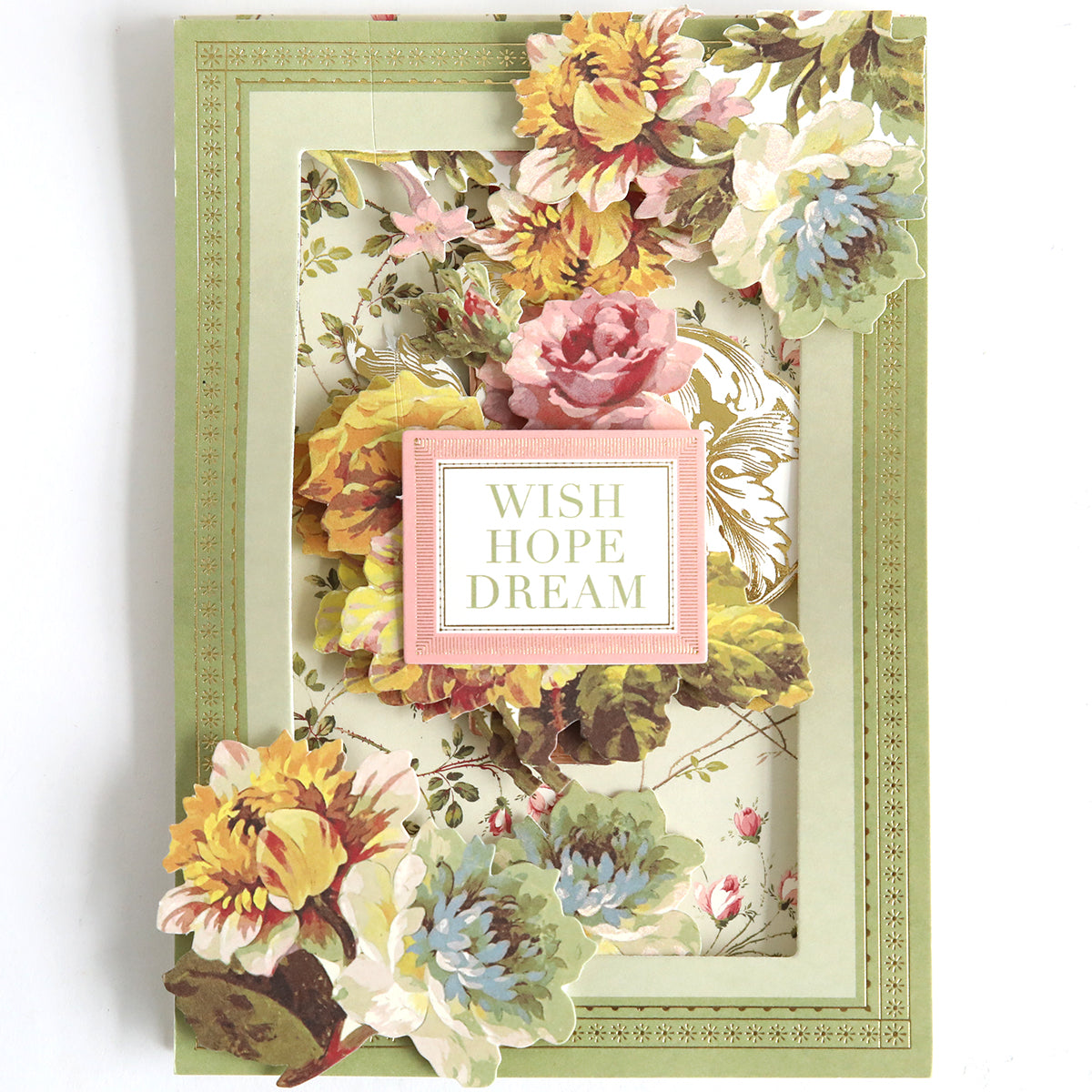 The Card Layer Photo Mat Bundle features layered floral designs and a central square label reading "WISH HOPE DREAM"—perfect for scrapbooking or cardmaking projects.
