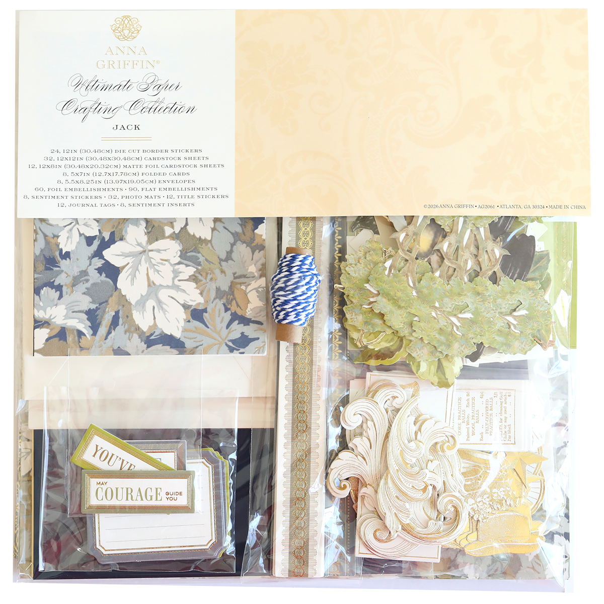 Jack Ultimate Paper Crafting Collection kit, ideal for scrapbooking and card making, includes floral patterned papers, die-cut embellishments, tags, ribbon, and blue-striped twine in a clear package.