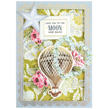 Add charm to your crafts with the Charlie Ultimate Paper Crafting Collection, featuring a floral background, hot air balloon, white star, and "Love you to the moon and back" sign—perfect for cardstock collections and layered paper projects.