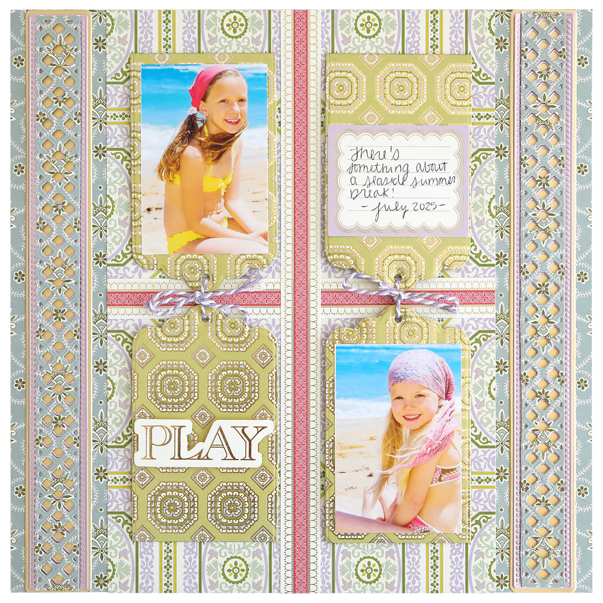 Scrapbook page featuring two beach photos of a girl, layered paper crafts and patterned backgrounds from the Charlie Ultimate Paper Crafting Collection, the word "PLAY," and a handwritten note labeled "July 2003.