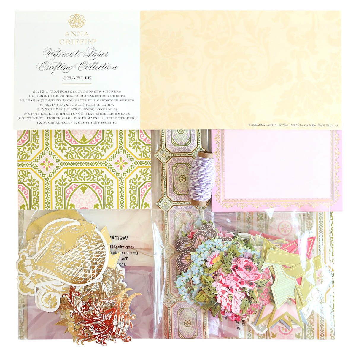 Charlie Ultimate Paper Crafting Collection featuring patterned papers, decorative cardstock, twine, and floral embellishments—perfectly organized for creating stunning layered paper crafts.