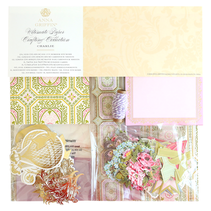 Charlie Ultimate Paper Crafting Collection featuring patterned papers, decorative cardstock, twine, and floral embellishments—perfectly organized for creating stunning layered paper crafts.