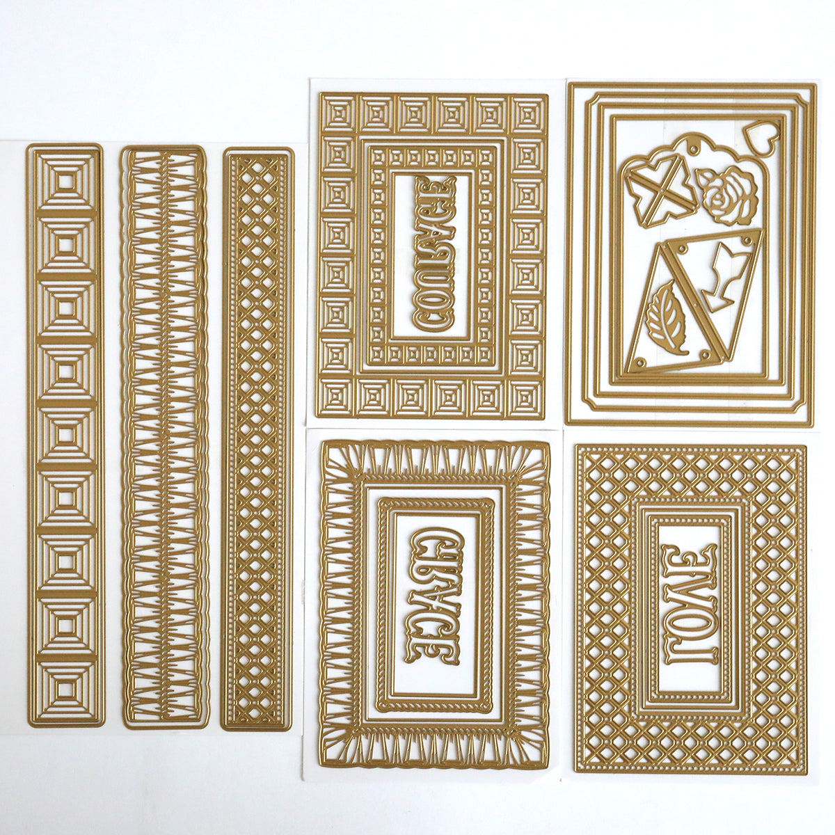 Anna Griffin | Create Spring 2026 features seven rectangular gold decorative metal cutting dies with intricate patterns and words like "PEACE," "JOY," and "LOVE," perfect for scrapbooking or online crafting classes.