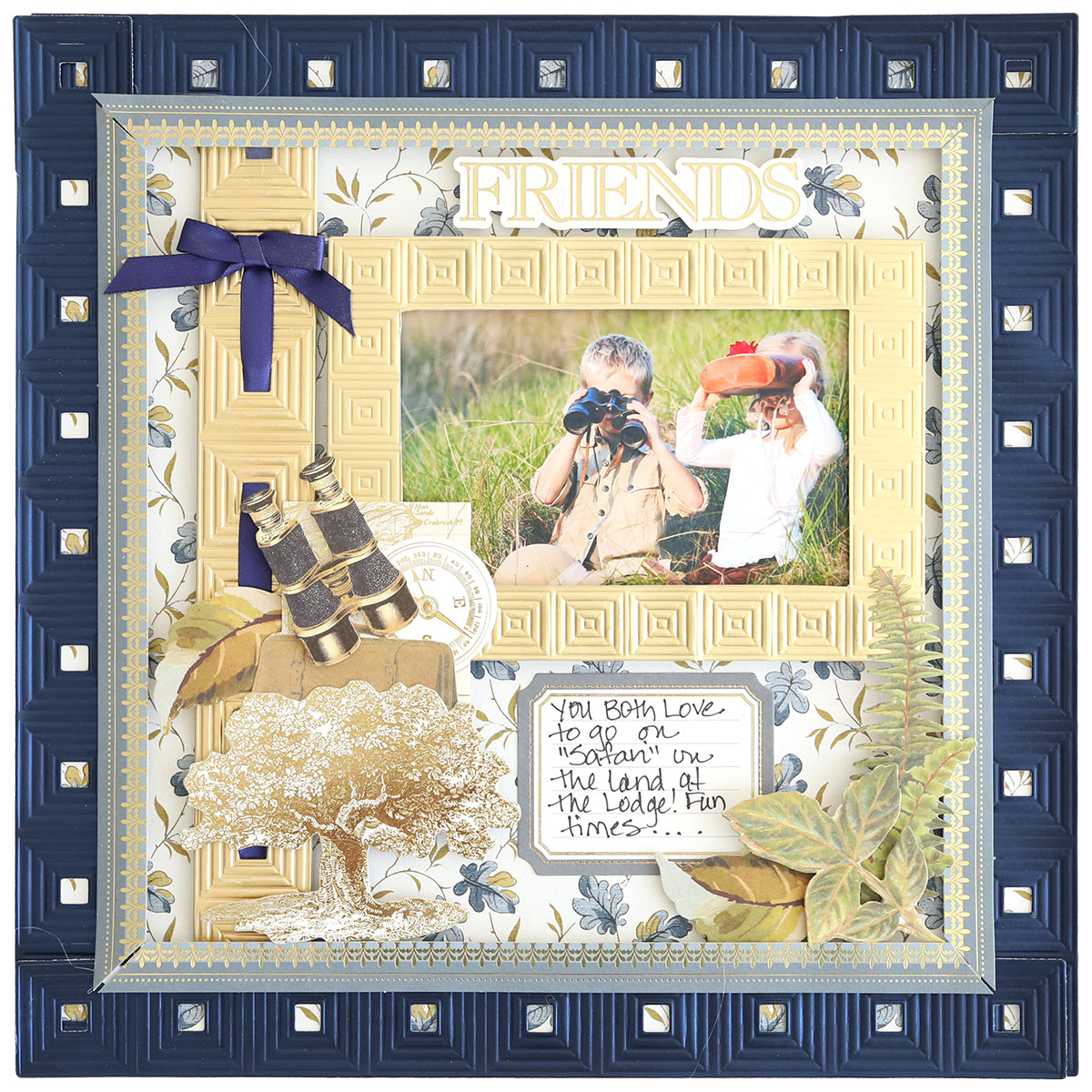 Create memorable pages with the Jack Ultimate Paper Crafting Collection—includes a scrapbook page featuring two people with binoculars, themed paper decorations, and a handwritten outdoorsy note. Perfect for any scrapbooking or crafting project!.