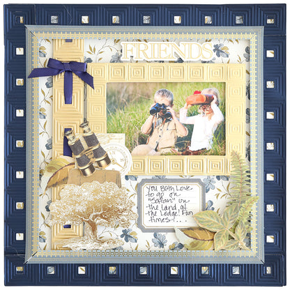 Create memorable pages with the Jack Ultimate Paper Crafting Collection—includes a scrapbook page featuring two people with binoculars, themed paper decorations, and a handwritten outdoorsy note. Perfect for any scrapbooking or crafting project!.