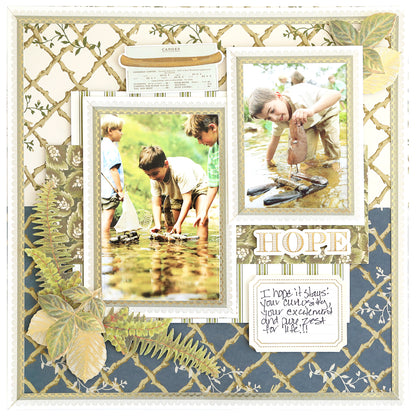 A scrapbook page from the Jack Ultimate Paper Crafting Collection features children exploring a stream, with leaves, ferns, “HOPE,” and a handwritten note—perfect inspiration for your next scrapbooking project.
