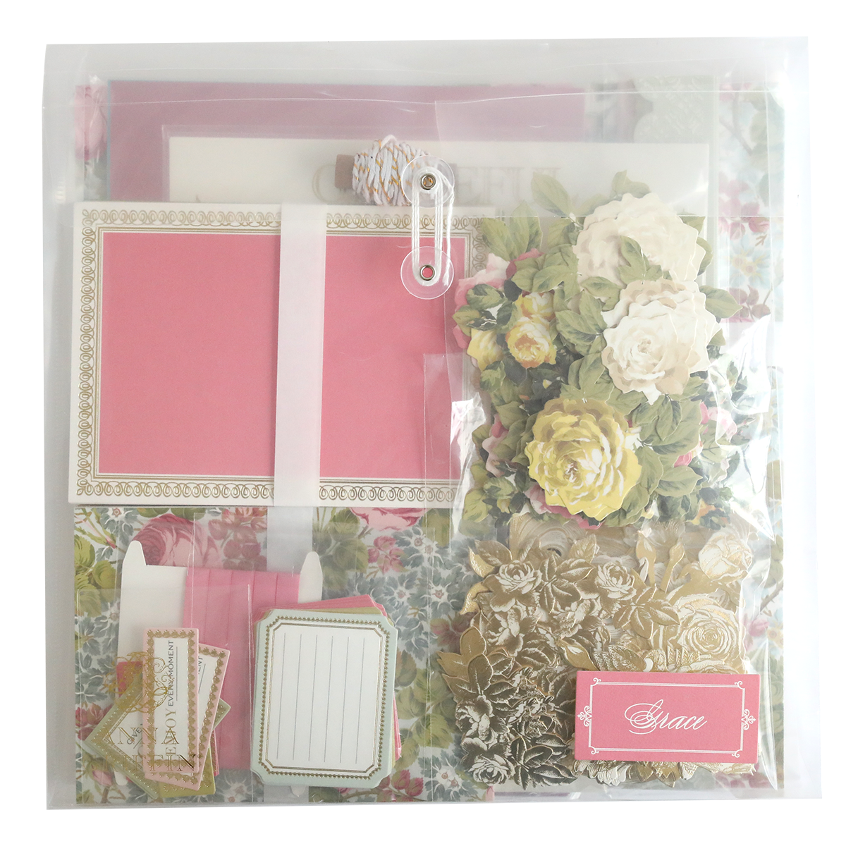 The Anna Griffin | Create Spring 2026 set features floral-themed stationery—note cards, tags, paper flowers, and gold accents—in a clear bag, perfect for scrapbooking or papercrafting events.