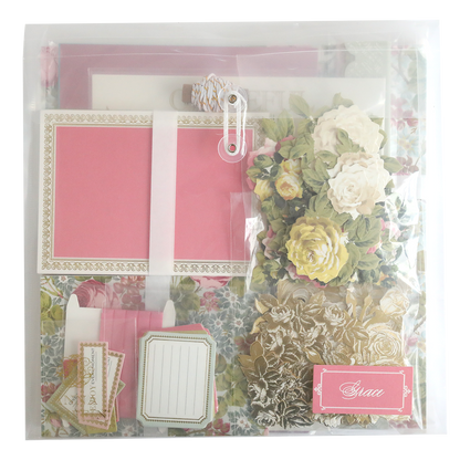 The Anna Griffin | Create Spring 2026 set features floral-themed stationery—note cards, tags, paper flowers, and gold accents—in a clear bag, perfect for scrapbooking or papercrafting events.