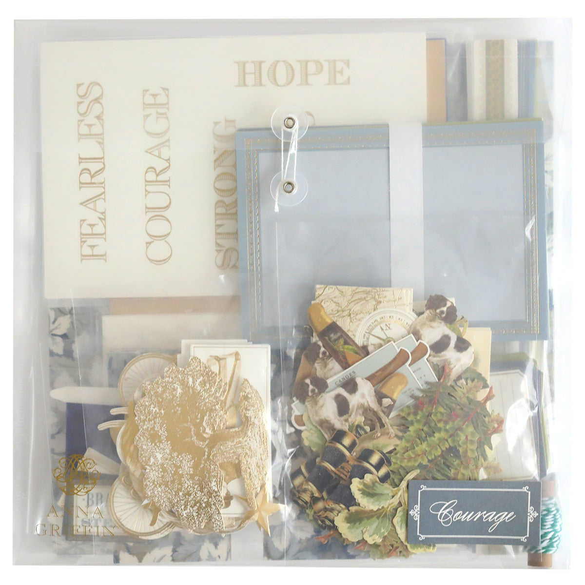 The Anna Griffin | Create Spring 2026 kit includes papers, envelopes, tags, and decorative cutouts with inspiring words like "FEARLESS," "COURAGE," and "HOPE"—perfect for papercrafting or your next scrapbooking event.
