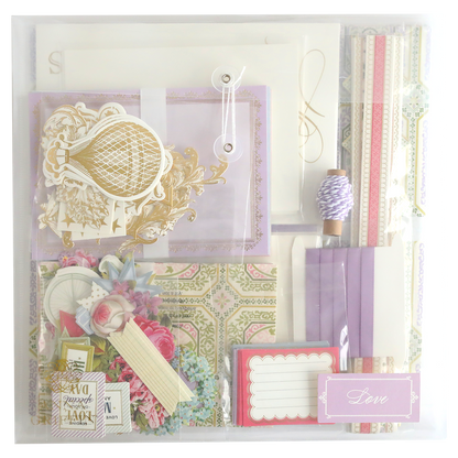 Anna Griffin | Create Spring 2026 is a pastel stationery set with floral and hot air balloon designs. Includes decorative papers, envelopes, tags, string, labels, and embellishments—ideal for papercrafting events or online crafting classes.
