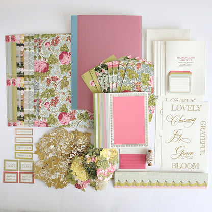 Anna Griffin | Create Spring 2026 offers floral-themed stationery—patterned paper, cards, envelopes, labels, and die-cut flowers—ideal for scrapbooking or crafting classes, all beautifully arranged on a white background.