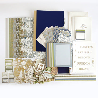 The Jack Ultimate Paper Crafting Collection features assorted stationery, patterned papers, envelopes, photo prints, die-cut embellishments, and sheets with words like "FEARLESS," "COURAGE," and "BRAVE"—ideal for scrapbooking or crafting.