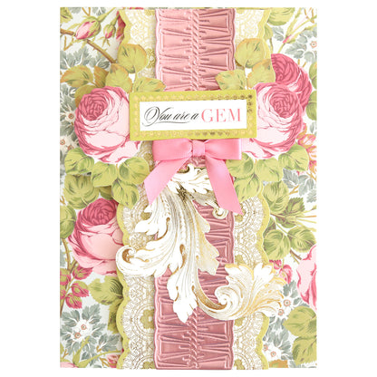 The Rose Ultimate Paper Crafting Collection features a floral card with pink roses, gold accents, lace details, and a pink ribbon with "You are a GEM"—ideal for card making or enhancing your scrapbook supplies.