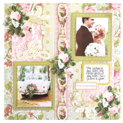 Get inspired for card making with the Rose Ultimate Paper Crafting Collection—create a wedding scrapbook page featuring a couple, vintage car, floral patterns, and handwritten notes using your favorite supplies.