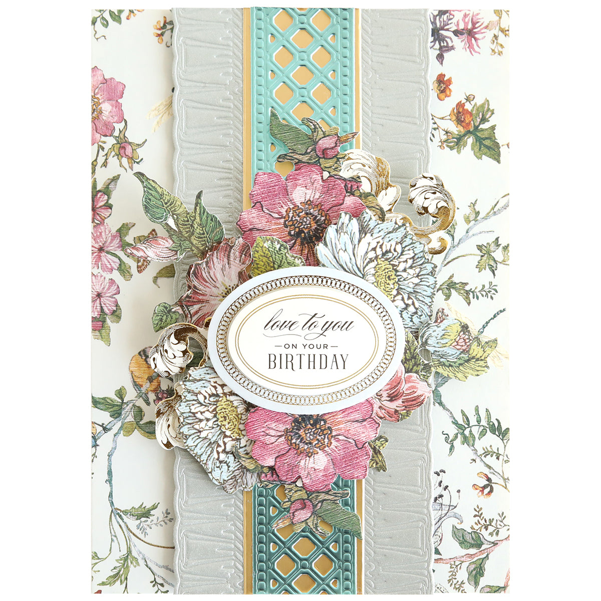 The Create Spring 12" Border Dies feature embossed silver, teal lattice, and layered pink and white flower designs—ideal for card making or scrapbooking. Includes "love to you ON YOUR BIRTHDAY" in the center for a special touch.