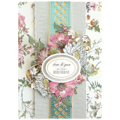 The Create Spring 12" Border Dies feature embossed silver, teal lattice, and layered pink and white flower designs—ideal for card making or scrapbooking. Includes "love to you ON YOUR BIRTHDAY" in the center for a special touch.