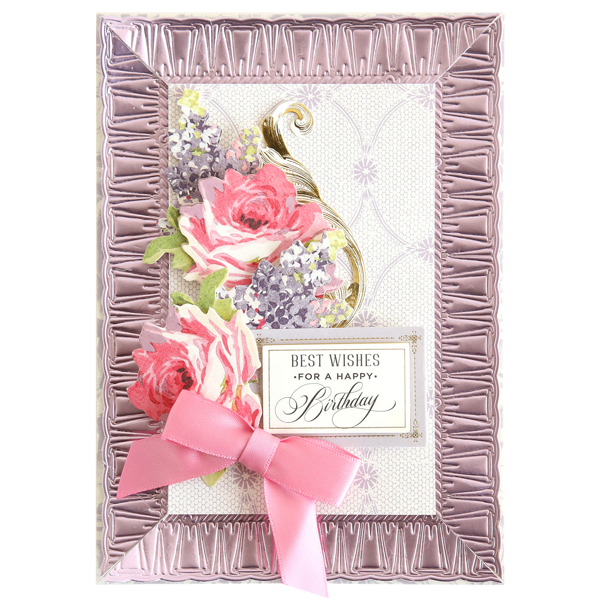 Add a decorative touch to your cards or scrapbook pages with Create Spring 12" Border Dies. Perfect for birthday projects featuring pink and purple flowers, gold swirls, and bows, plus "Best Wishes For a Happy Birthday" messages.