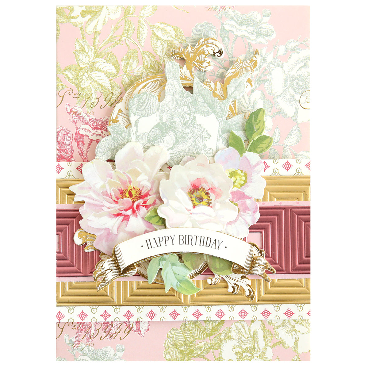 Create elegant scrapbook pages or handmade cards with the Create Spring 12" Border Dies, featuring pink, white, and gold floral patterns, ornate designs, and a "Happy Birthday" banner beneath a cluster of flowers.