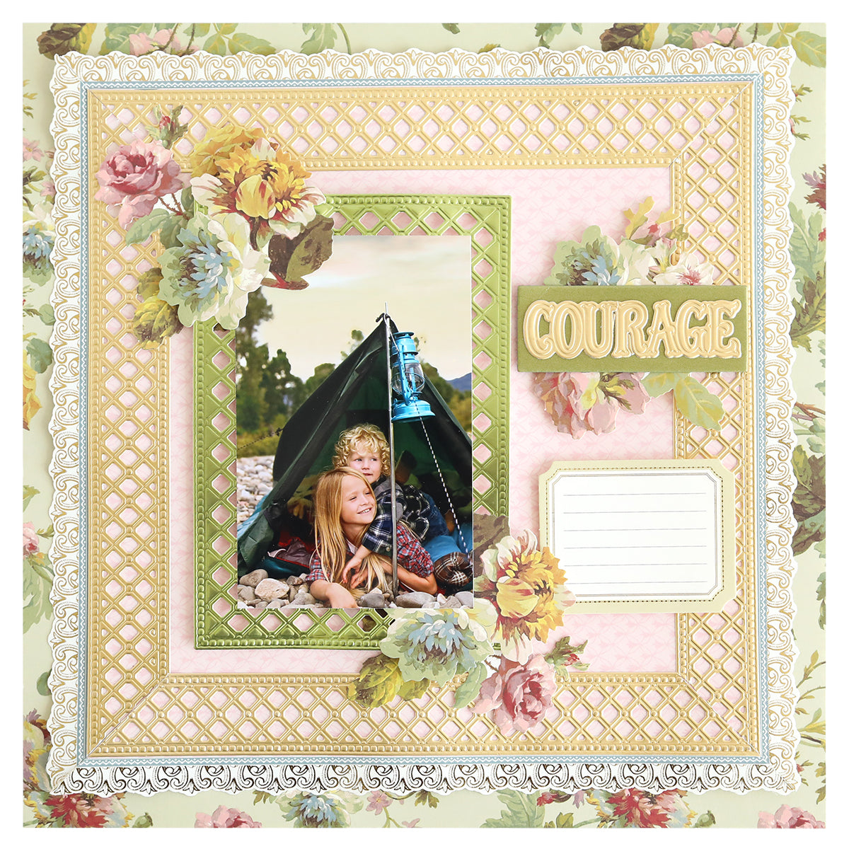 A scrapbook page with floral borders made using Create Spring 12" Border Dies showcases a photo of kids in a tent, a lantern, and "COURAGE" in bold. Perfect inspiration for card making or scrapbook layouts.