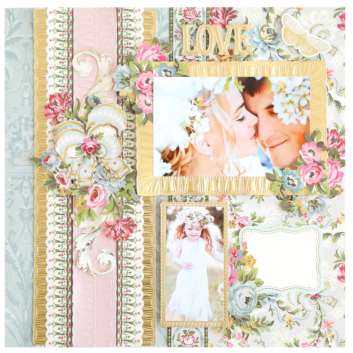 A decorative scrapbook page with a couple embracing, a girl in a white dress, floral patterns using Create Spring 12" Border Dies, gold trim, and "LOVE" at the top—perfect inspiration for scrapbook pages or card making.