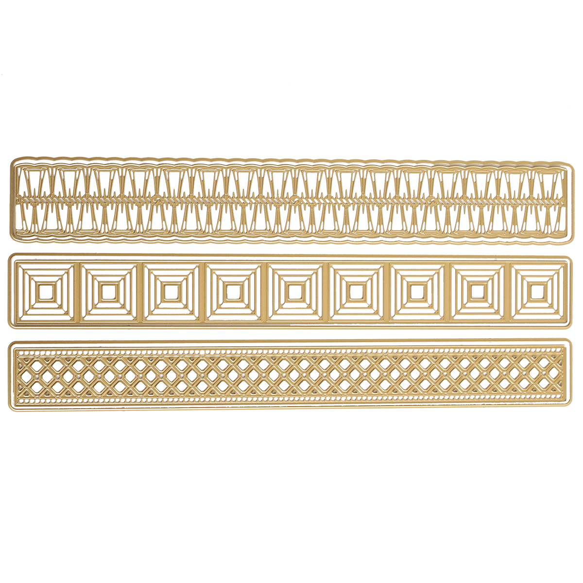 The Create Spring 12" Border Dies set includes three gold rectangular borders with unique geometric patterns—zigzag, square outline, and diamond lattice—ideal for scrapbooks or cards and arranged horizontally.